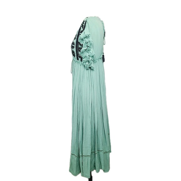 Free People Will Wait For You Boho Embroidered Midi Dress Green Gauze Flowy XS - Picture 3 of 10